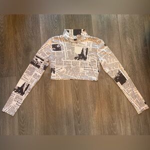 Newspaper Print Long Sleeve Mock Neck Crop Top